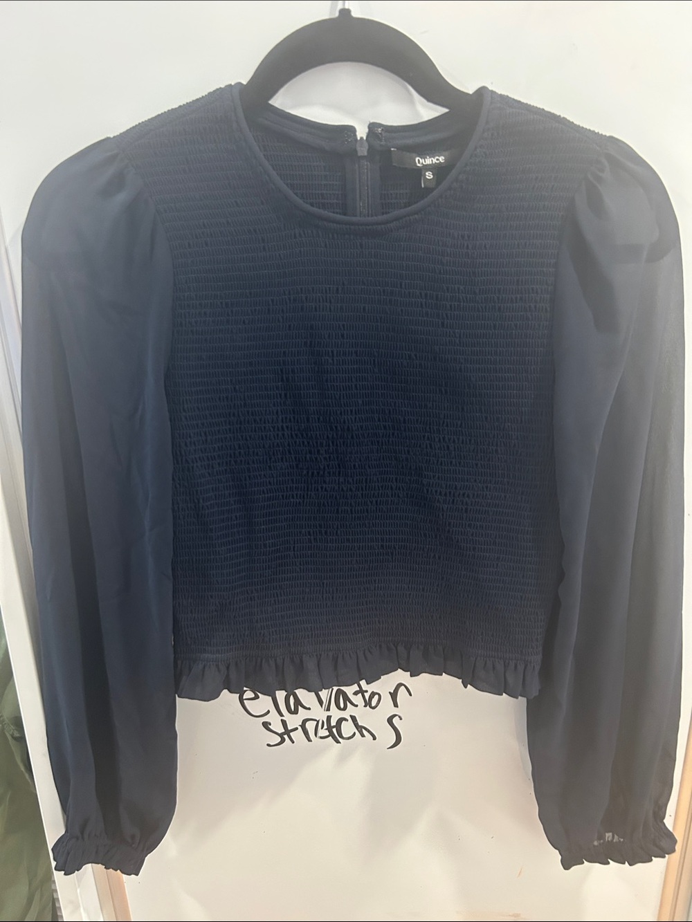 Quince Navy Smocked Puff-Sleeve Crop Blouse